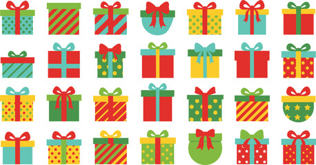 Fototapeta premium Colorful Christmas Gift Box Collection with Ribbons and Festive Wrapping Illustration