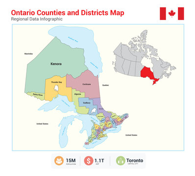 Ontario counties and districts map with regional units infographic showing canada provinces and territories