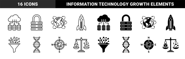 Data Management and Strategic Growth Hybrid Icon Collection Featuring Cloud Storage Servers Rocket Launchers DNA Helix and Navigation Compass Symbols