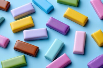 Fototapeta premium Colorful candy bars scattered randomly on bright background, playful mood