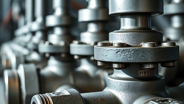 rolloffs. Metal nodules on industrial pipe valves reflecting light, metallic texture detail. safety posters, maintenance manuals, designed for industrial assembly lines and welding operations.