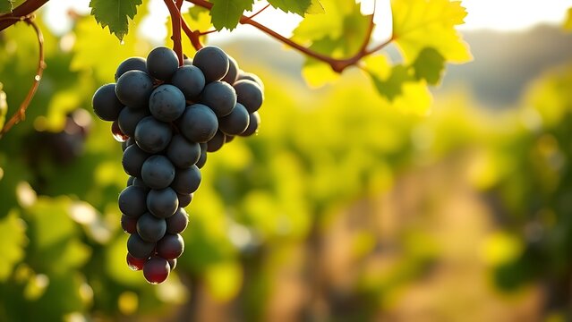 generality. A single cluster of Cabernet Sauvignon grapes glistening with dew in a vineyard under soft sunlight. gardening catalogs, home-decor guides, designed for home decor and floral branding.