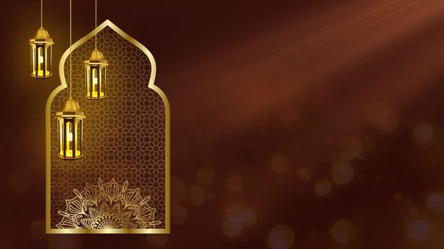 Animated Ramadan Kareem and Eid Mubarak background featuring lanterns and an Islamic frame in a luxurious and elegant brown color scheme. Looping background with empty space. Background template