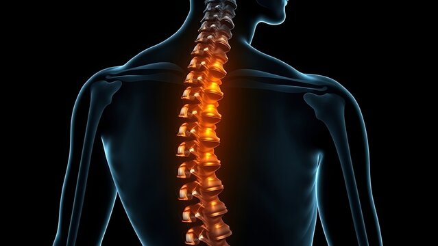 culpability. X-ray silhouette of a human spine with a subtle golden coil ascending within the vertebrae. STEM education sheets, lab safety posters, designed for biotech research communications.