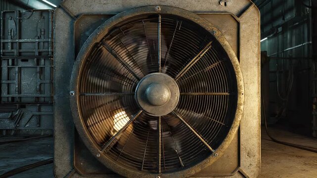 Industrial Ventilation Fan Close-Up: Detailed View of Metal Fan Blades in Manufacturing Environment