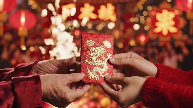 A close-up shot features two hands exchanging a traditional red envelope (hongbao) decorated with a golden dragon, symbolizing good luck and prosperity during the Chinese Lunar New Year holiday.
