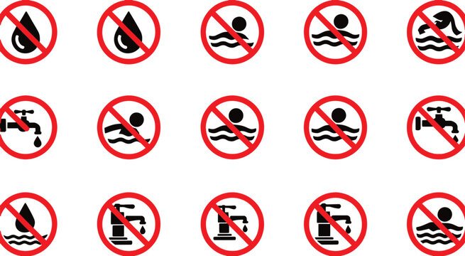 No swimming drinking water icons prohibited signs collection