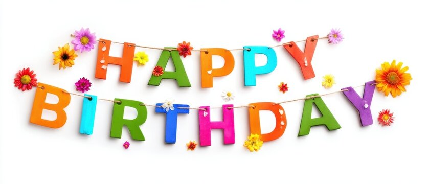 The Happy Birthday banner with colorful letters and bright decorative flowers