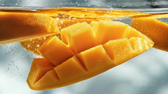 Fresh mango slices floating in water with bubbles close up