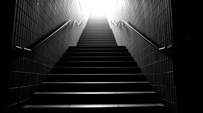 Staircase descending into darkness with the top step brightly lit, creating a stark contrast that symbolizes transition, uncertainty, and the passage from light into the unknown.
