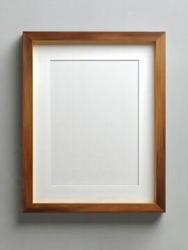 Elegant blank picture frame with wooden border hanging on wall