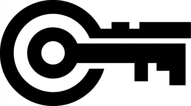 A stark black key design with a circular head composed of concentric rings