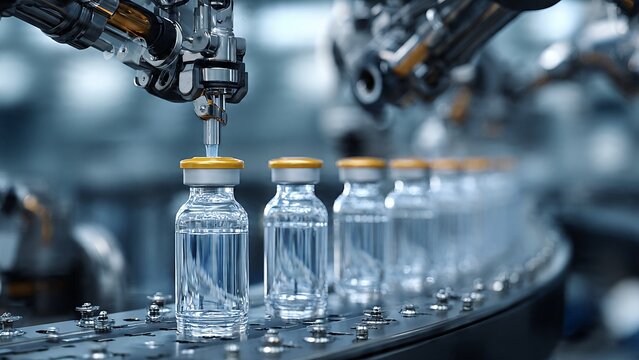 High Precision Robotic Arm Filling Medicine Vials on Automated Production Line in Modern Pharma Factory