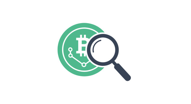 Magnifying glass over bitcoin symbol.