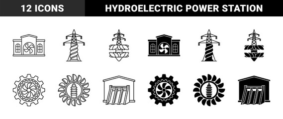 Naklejka premium Hydroelectric power station and renewable energy hybrid icons featuring water turbine blades merged with electrical transmission towers and dam structures
