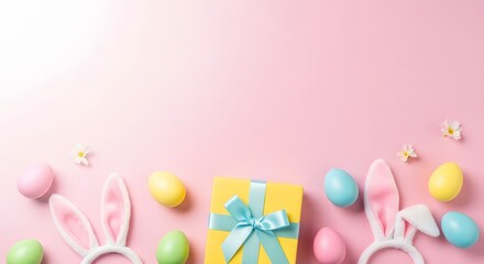 Easter sunday celebration with bunny ears eggs and gift on pink background