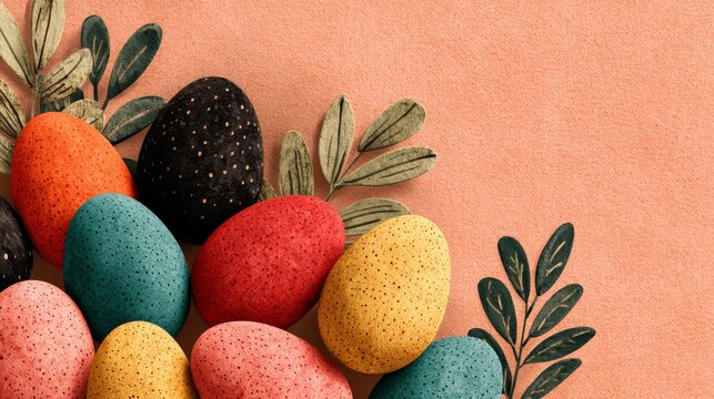 A stylish Easter composition featuring textured, speckled eggs in deep teal, muted red, gold and terracotta tones, accented by dark, graphic botanical leaves against a warm, peachy background.