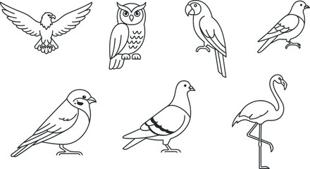 Fototapeta premium Collection of seven distinct stylized black line art illustrations depicting various common and exotic birds on a white background