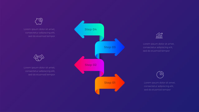 4 step arrow process infographic with alternating curved arrows forming vertical workflow sequence