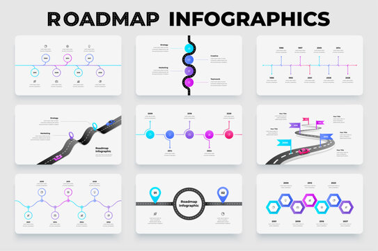 Roadmap infographic diagrams set with curved road timeline paths milestone nodes and horizontal timeline layouts