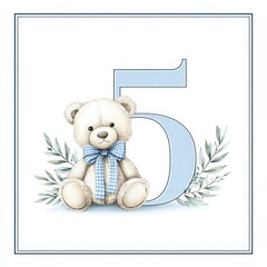 Sweet teddy bear with blue bow beside large number five for birthday