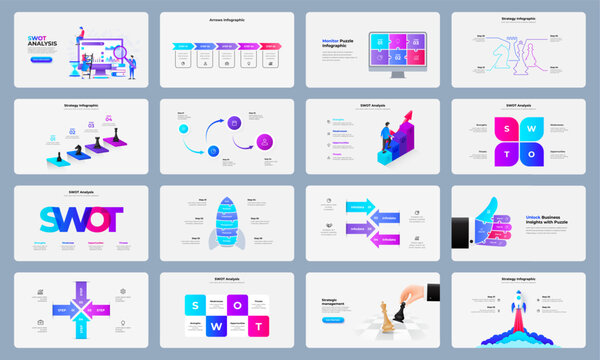 Business infographic diagrams set including SWOT analysis arrows process steps puzzle blocks and strategy chart layouts