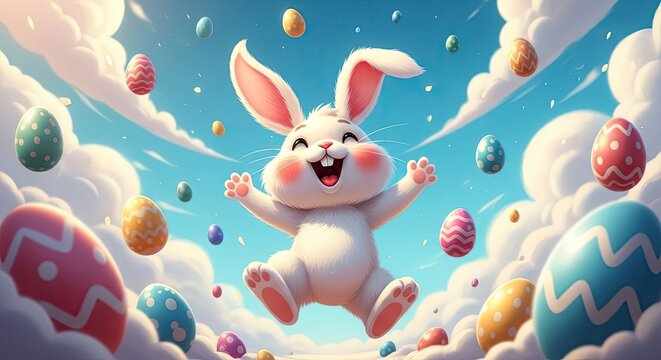 Happy easter bunny jumping high in sky surrounded by colorful eggs and fluffy clouds, joyful spring holiday concept