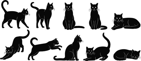 Cat silhouette collection, feline posture outline, animal figure design, whisker icon illustration, pet motif art, domestic nature graphic © Fenshi