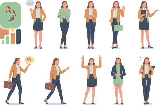 Professional female office worker set with different body language and business clothing styles flat vector