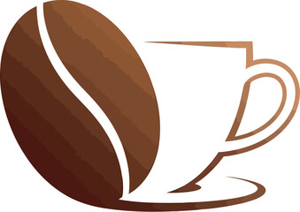 A stylish graphic design featuring a large brown coffee bean positioned next to a minimalist outline of a coffee cup with its saucer, creating an elegant logo.