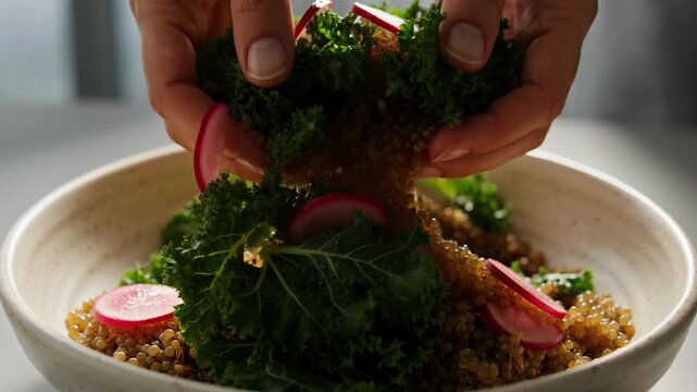 Hands tossing healthy kale salad with radishes and quinoa in a bowl