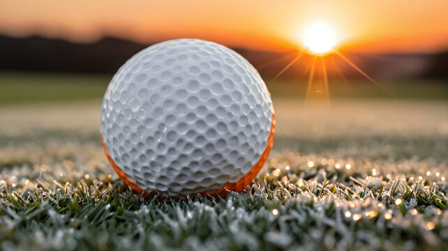 Golfball auf gefrorenem Gras bei Sonnenuntergang