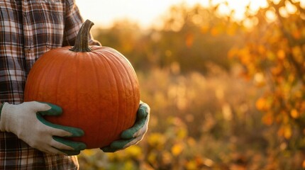 Farmer holding ripe orange pumpkin in garden. Agriculture and vegetable harvesting. Man working in farm during autumn season. Natural organic food production and healthy lifestyle concept.
