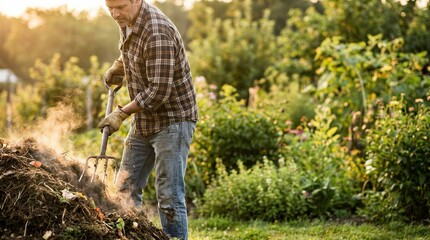 Fototapeta premium Farmer turning steaming compost pile with pitchfork in backyard garden. Man working on organic soil enrichment. Sustainable agriculture, soil fertility improvement and eco lifestyle concept.