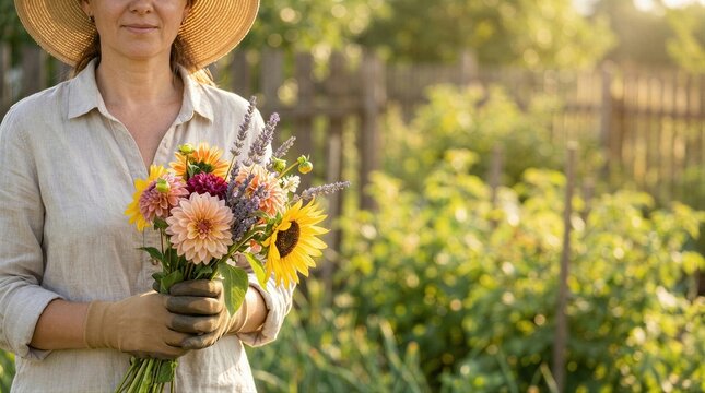 Woman wearing straw hat holds bouquet of dahlia and sunflower in garden field. Farmer gathering fresh summer flowers. Horticulture, organic hobby and floriculture concept at sunset.