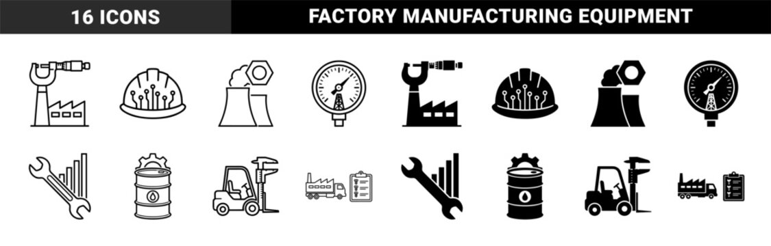 Industrial manufacturing hybrid icons merging factory equipment with measurement tools like micrometers calipers and pressure gauges in outline and solid styles