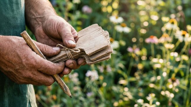 Farmer holding wooden plant labels and pencil in vegetable garden. Man preparing rustic markers for seedling identification. Organic agriculture, botany, gardening hobby and home food growth.