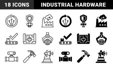 Fototapeta premium Industrial Hybrid Icon Set Featuring Smart Factory Cloud Integration Conveyor Belt Quality Control Robotic Claw Earth and Hardware Tool Symbols
