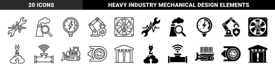 Fototapeta premium Industrial Smart Maintenance and Manufacturing Hybrid Icons Featuring Robotic Arms With Shields Pressure Gauges With Bolts and Cloud Hook Cranes