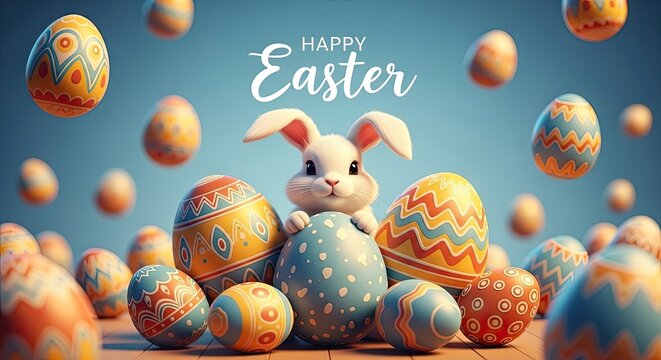 Cute white bunny sitting among many colorful patterned easter eggs on light blue background with bokeh effect