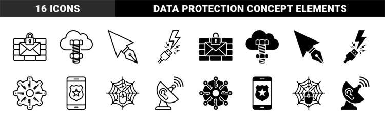 Hybrid Cybersecurity and Digital Surveillance Icons Featuring Integrated Symbols Like Mail Firewall Cloud Bolt and Monitoring Satellite Dish