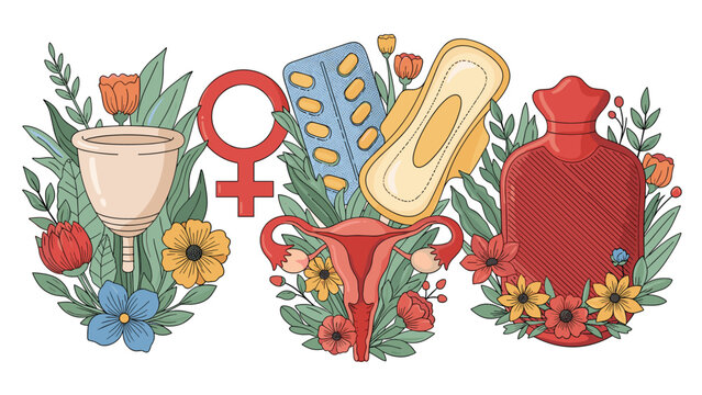 Collection of female reproductive health icons including a uterus, pills, and hot water bottle surrounded by flowers.