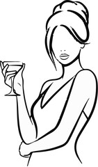 Elegant woman with updo and cocktail glass, drawn in bold black lines