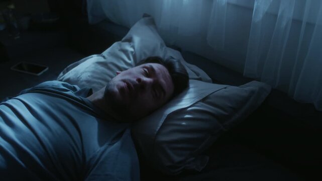 Medium shot of exhausted adult man trying to fall asleep late at night rubbing face in frustration then rolling over on pillow