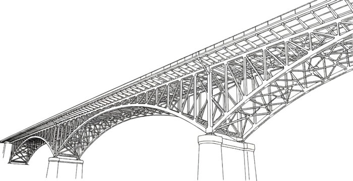 Elaborate truss bridge structure, rendered in a sketch-like artistic style