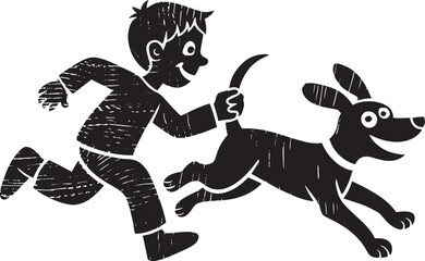 Boy running with dog, playing together, illustration, outdoor activity.