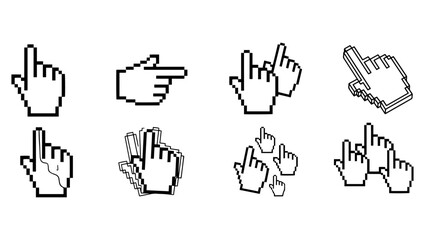 Fototapeta premium Pixelated Hand Cursor Vector Icons Digital Interaction Isolated on PNG Background, hand cursor, pointer, pixelated hand, clicking hand, digital icon, interaction icon, UI icon, vector cursor, 