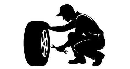Mechanic Silhouette Vector graphic illustration silhouette of a mechanic crouching down to repair a vehicle tire using a specialized wrench tool for professional automotive service. © MasterTech