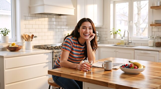 Smiling young woman sitting at a kitchen island with a glass of water. Happy female enjoying a healthy morning routine at home