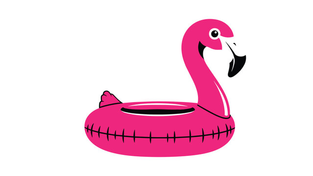 Bright pink flamingo pool float toy with black and white details for swimming pool fun and tropical summer vibes.
